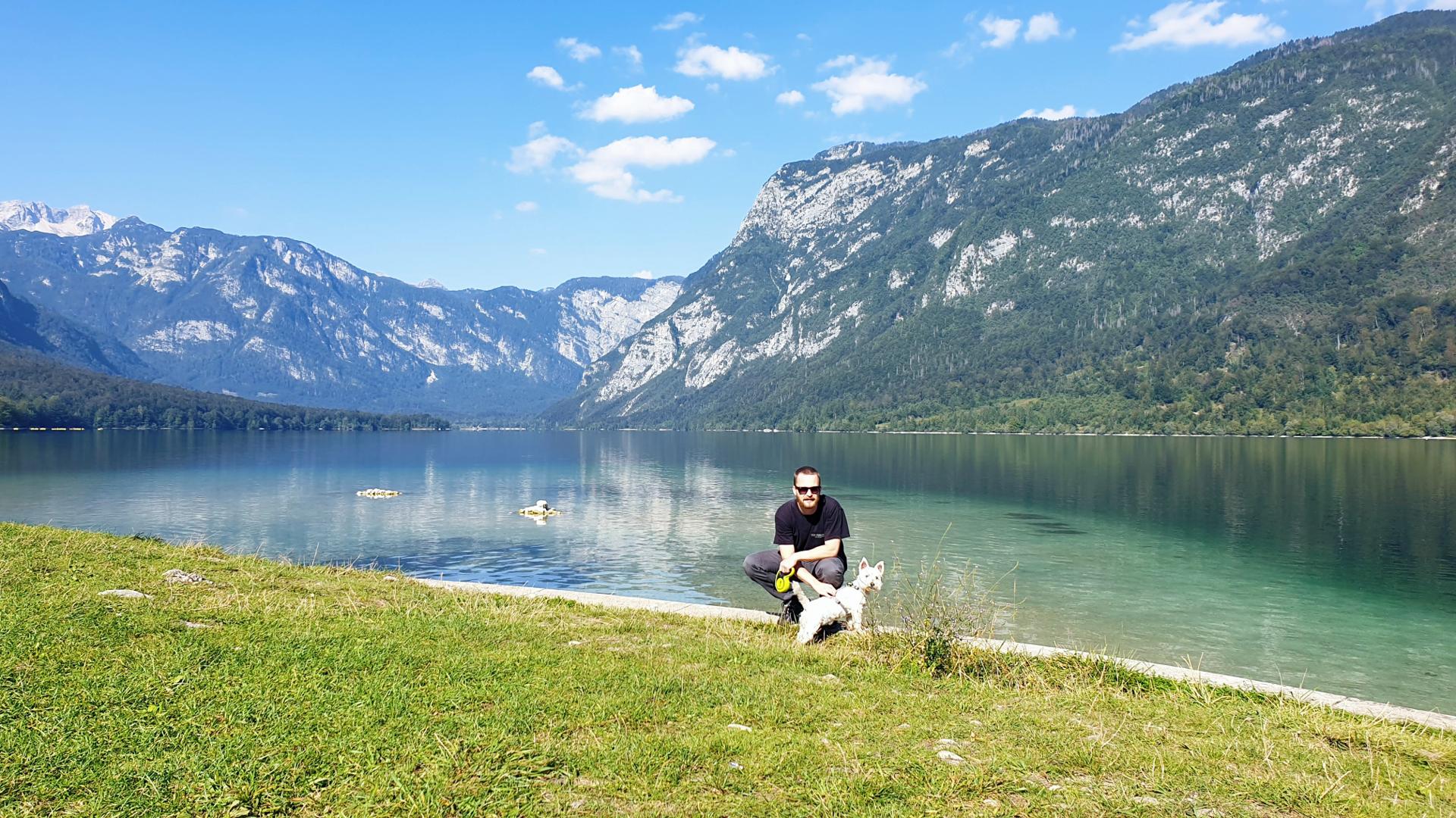View at the Lake Bohinj with the Julian Alps in the background