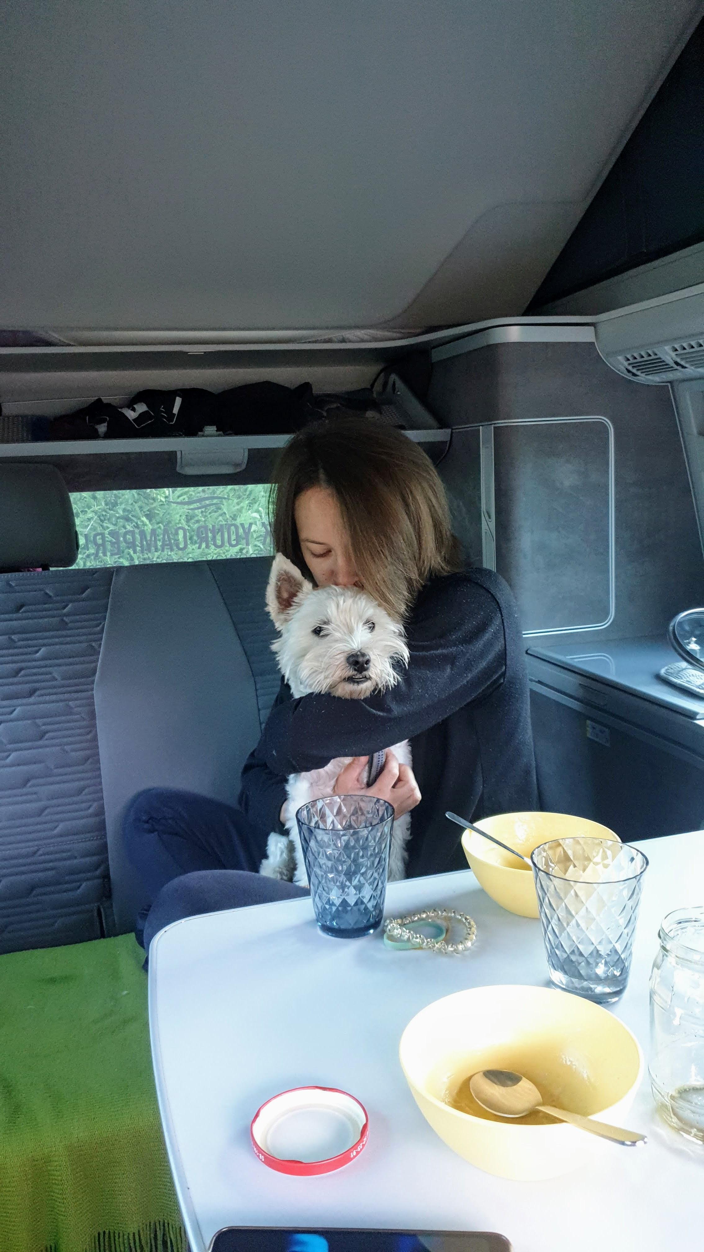 Leeloo and Masha in a camper van